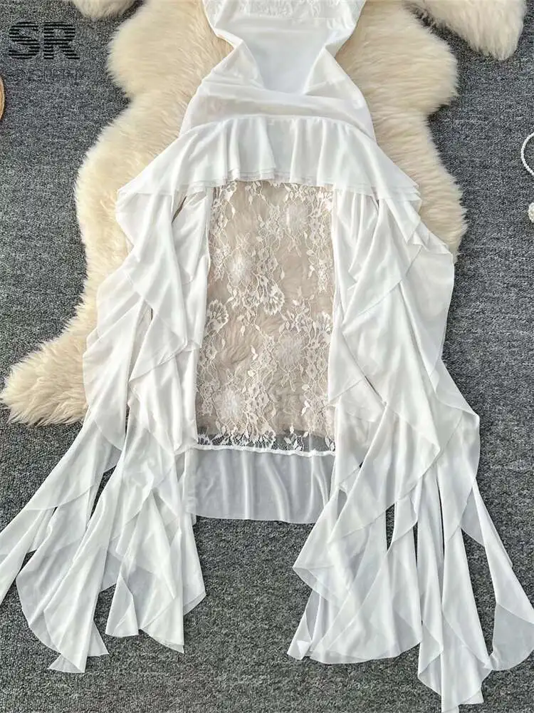 BabYoung ไม่สม่ําเสมอ Ruffles ผู้หญิงแขนกุด Slim SHEER Design ลูกไม้ Splice ฤดูร้อนพื้นฐานเซ็กซี่ Sundress