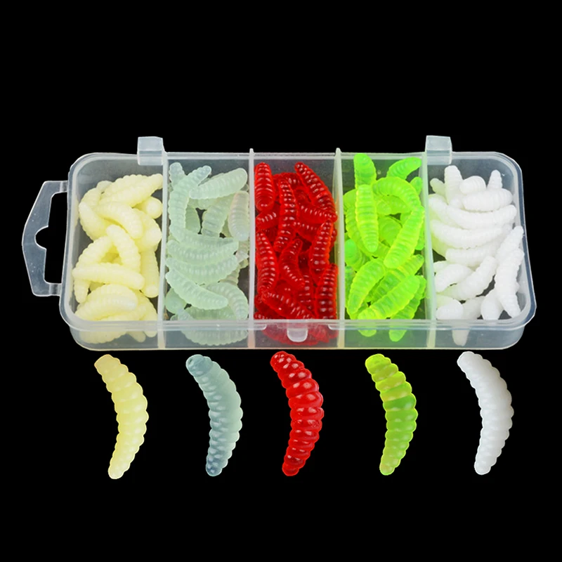 100pcs 2cm 5 Colors Mixed Fishing Lures Silicone Bionic Bread Worm Lure Box Fishing Trout Perch Bass Box Mini Soft Maggot Baits