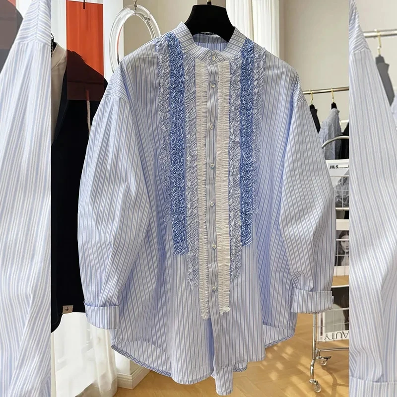 Blue Striped Long Sleeve Women's Shirt Spring 2025 Design Sensation Luxury Anti-Aging Fashionable Lace Trim Shirt Top