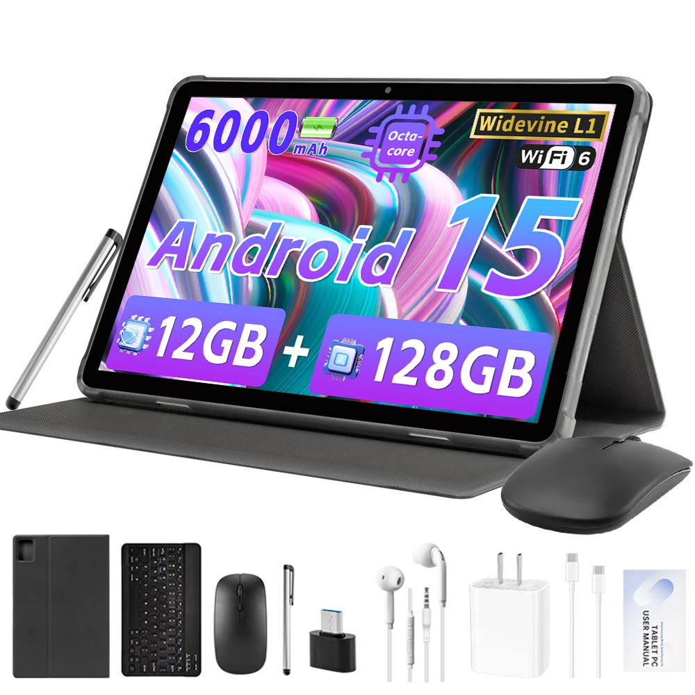 Tablet Android 15 Tablet Android da 2025,10.1" con processore Octa-core 12 GB RAM 128 GB ROM 1 TB Espandi 6000 mAh Batteria Doppia fotocamera
