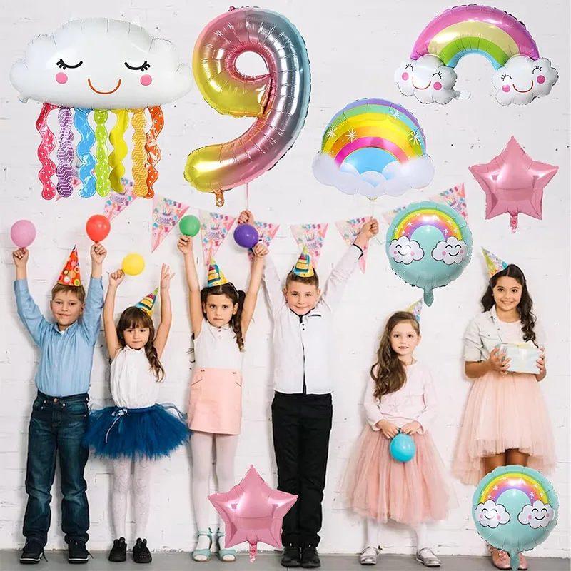 10 Pcs Rainbow Cloud Balloons Set 32inch Digit 1-9 Years Old Kids Birthday Party Decorations Baby Shower Wedding Foil Balloons