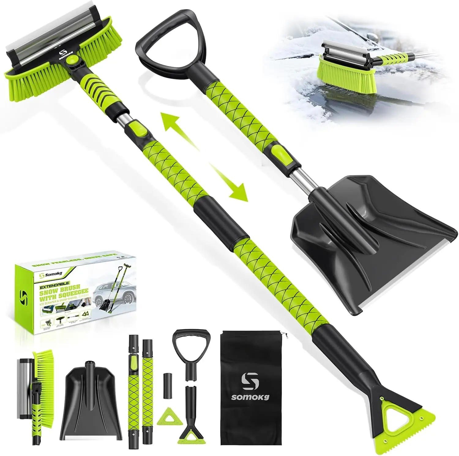 

Extendable 60'' Snow Brush & Shovel with Ice Scrapers, 4-in-1 Winter Car Cleaner for Windshield and Body