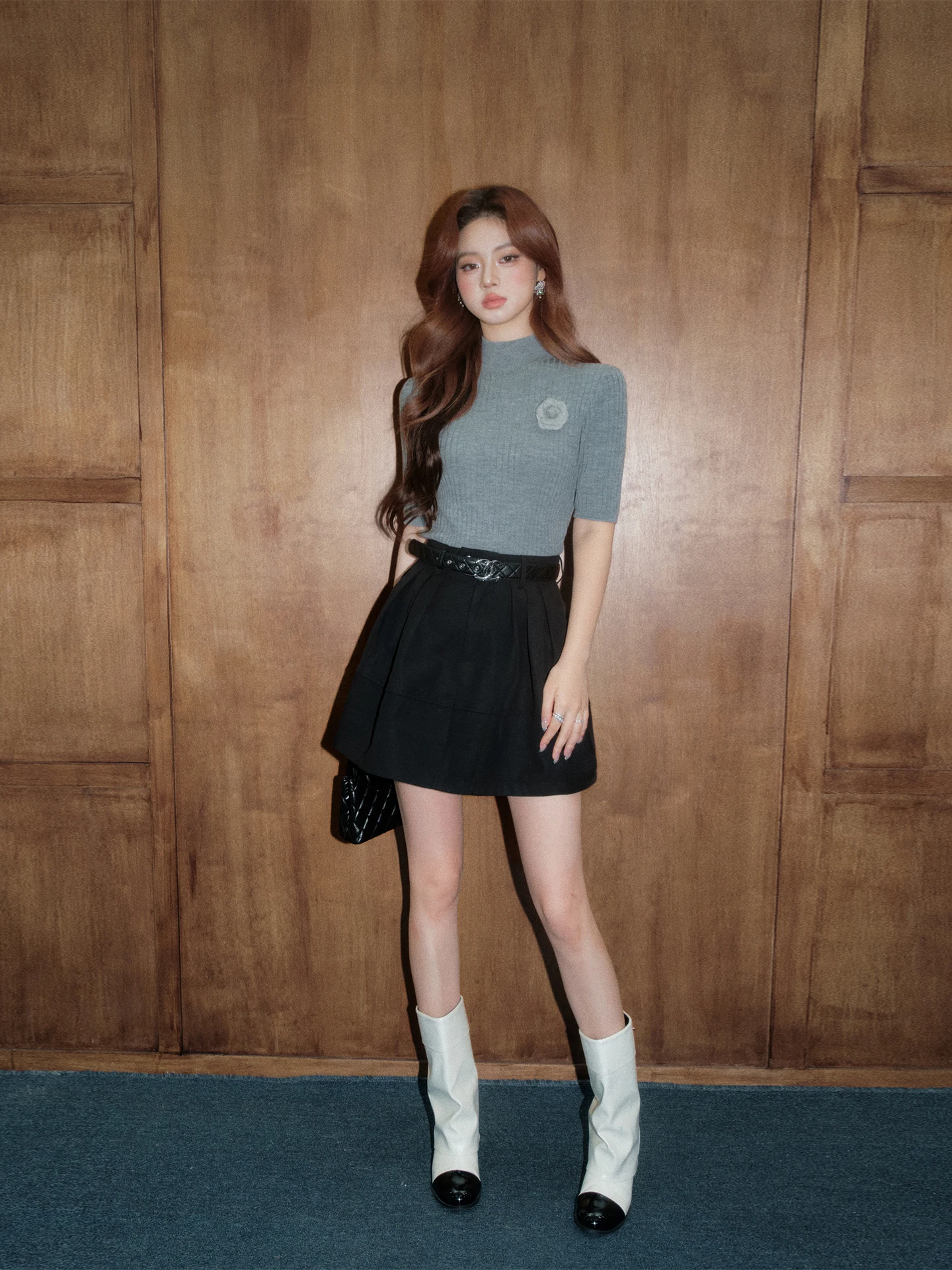 올리비아 듀오 하이웨이스트 A라인 플리츠 플라워 버드 스커트 퍼피 하프 기장 한국 스타일 여성 패션 폴리에스터 섬유 니트 드레스