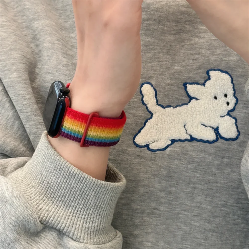 INS Pride Rainbow Nylon Sticker Band Loop For Apple Watch 45mm 41 40 44 42 38mm Lovely Soft Sports Strap For Series 9 8 7 6 5