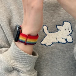 INS Pride Rainbow Nylon Sticker Band Loop For Apple Watch 45mm 41 40 44 42 38mm Lovely Soft Sports Strap For Series 9 8 7 6 5