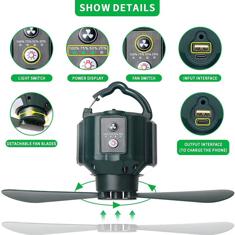 10400Mah Kampeerventilator Met Led Licht Afstandsbediening Ventilatoren Licht Oplaadbare Opvouwbare Plafond Ventilator Lantaarn 3 In 1 Tent Ventilator Licht