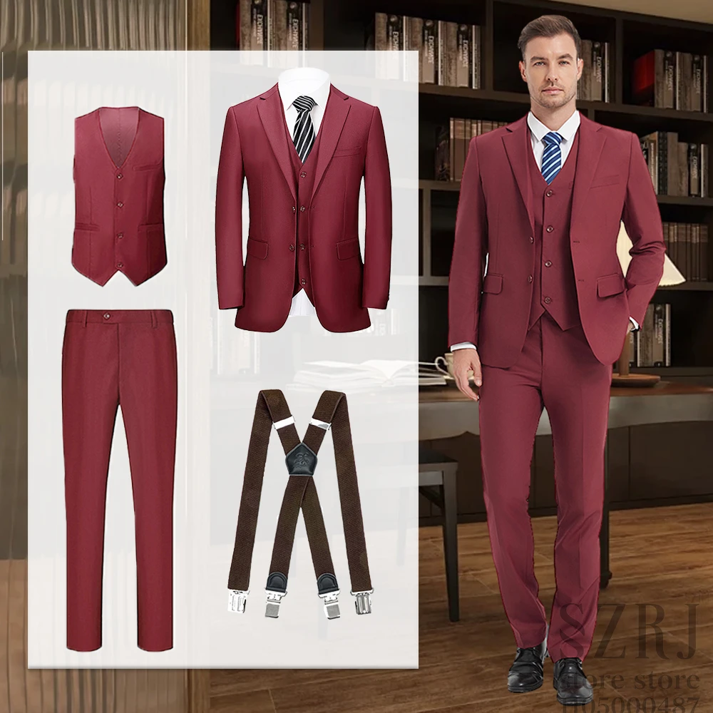 

Комплект мужского костюма из 4 предметов: жилет + куртка + брюки + бретели | Обычная посадка, V-образный вырез в классическом стиле для свадьбы/деловой/бакетов