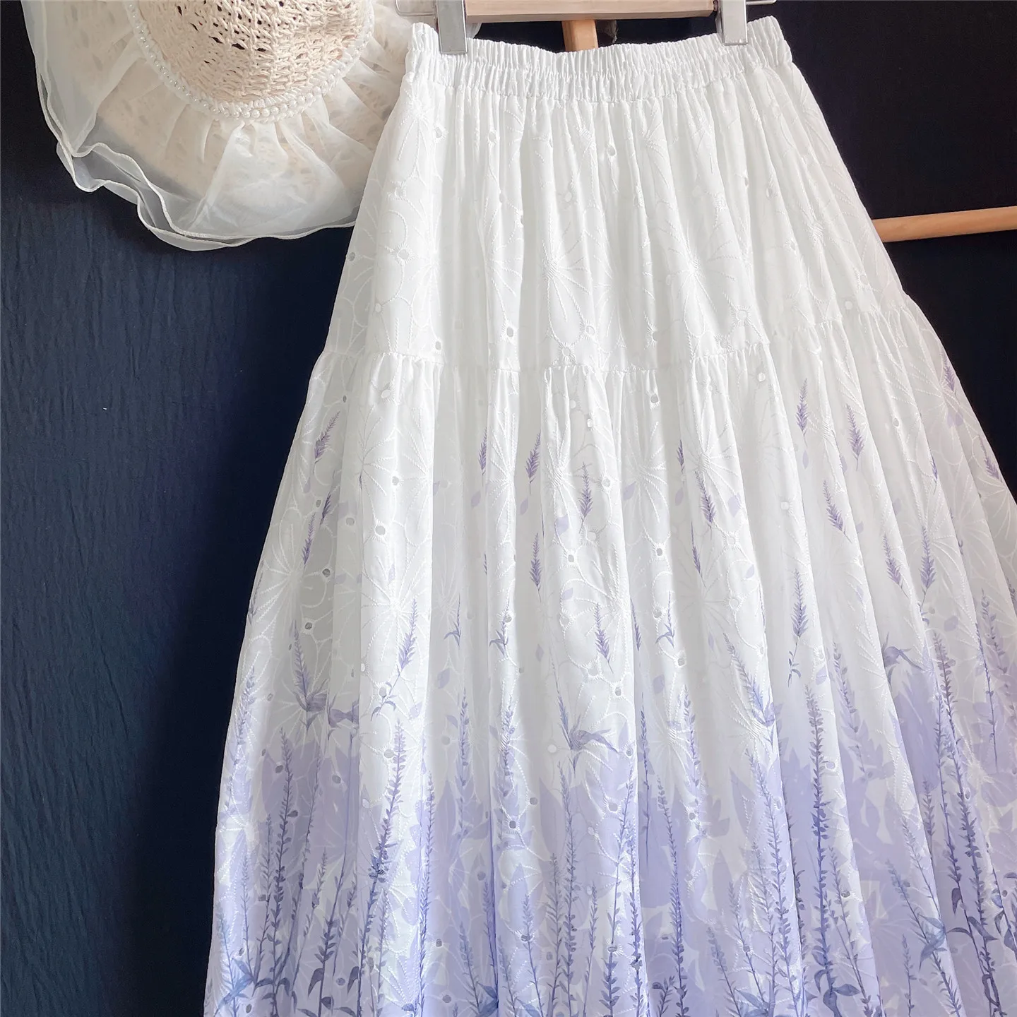 White Purple Gradient Embroidered Women's Skirt 2026 New Artistic Style Large Swing A‑Line Skirt Elastic Waist Long Cake Skirt