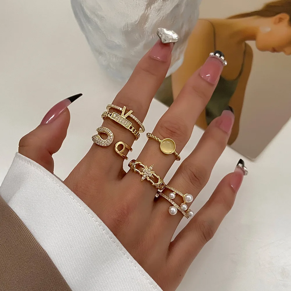 Luxury Fashion Micro-inlay Zircon Pearl Gold Color Letter V Double Layer Opening Rings for Women Stainless Steel Finger Jewelry