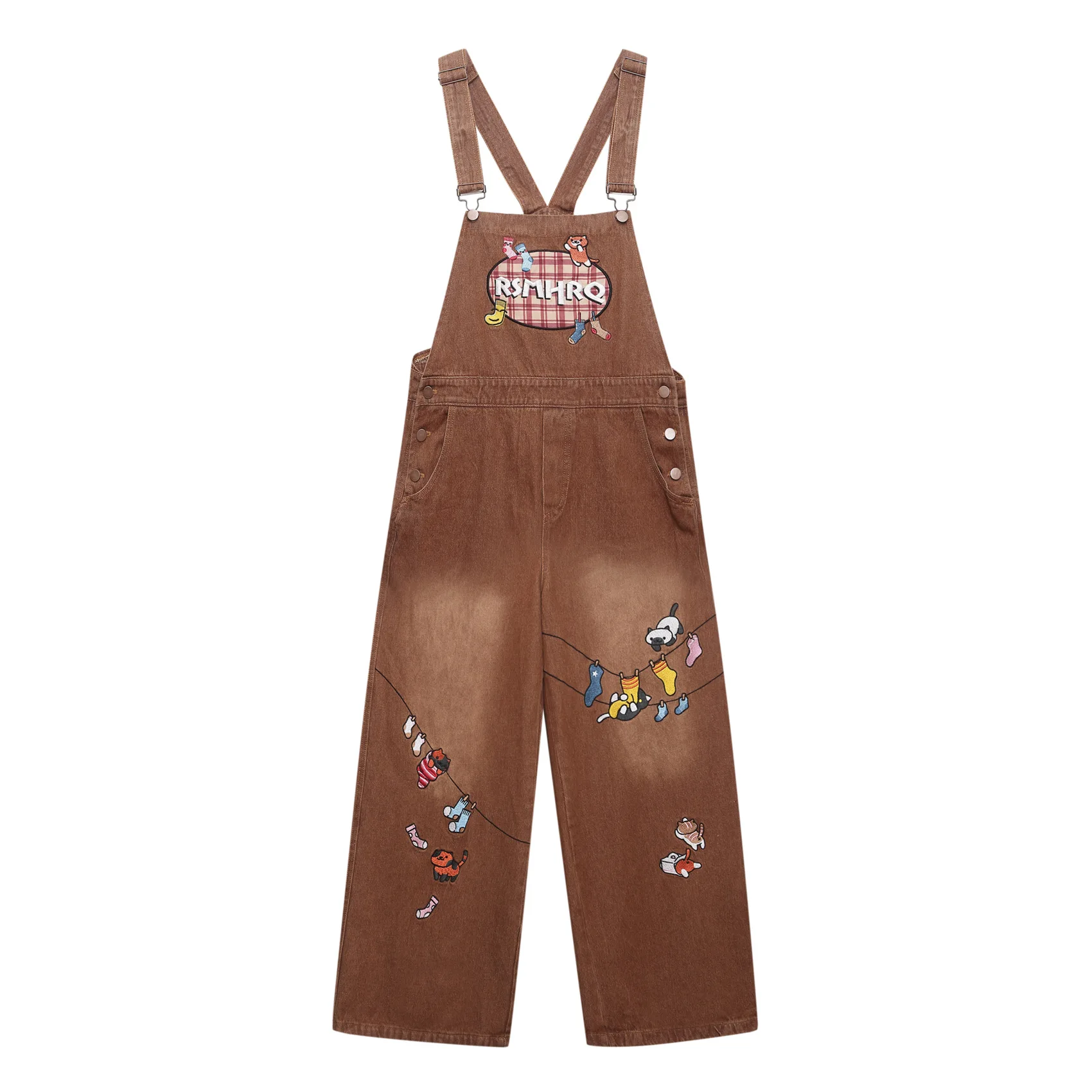 

American Retro Design Cartoon Embroidery Denim Overalls Unisex Couple BF Straight Leg