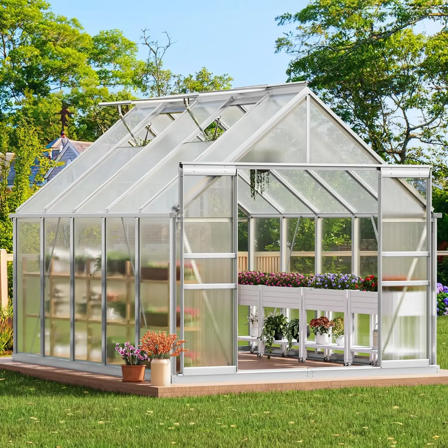 

8x10/8x12FTFT Polycarbonate Greenhouse Large Heavy Duty Green Houses Outdoor Aluminum with Sliding Doors Vent Window Premium