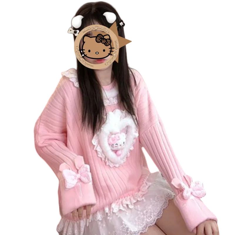 Original Handmade HelloKitty Spicy Pure Desire Wind Sweet Versatile Autumn/Winter Cute Pink Knitted Sweater Sweet Girl Sweater