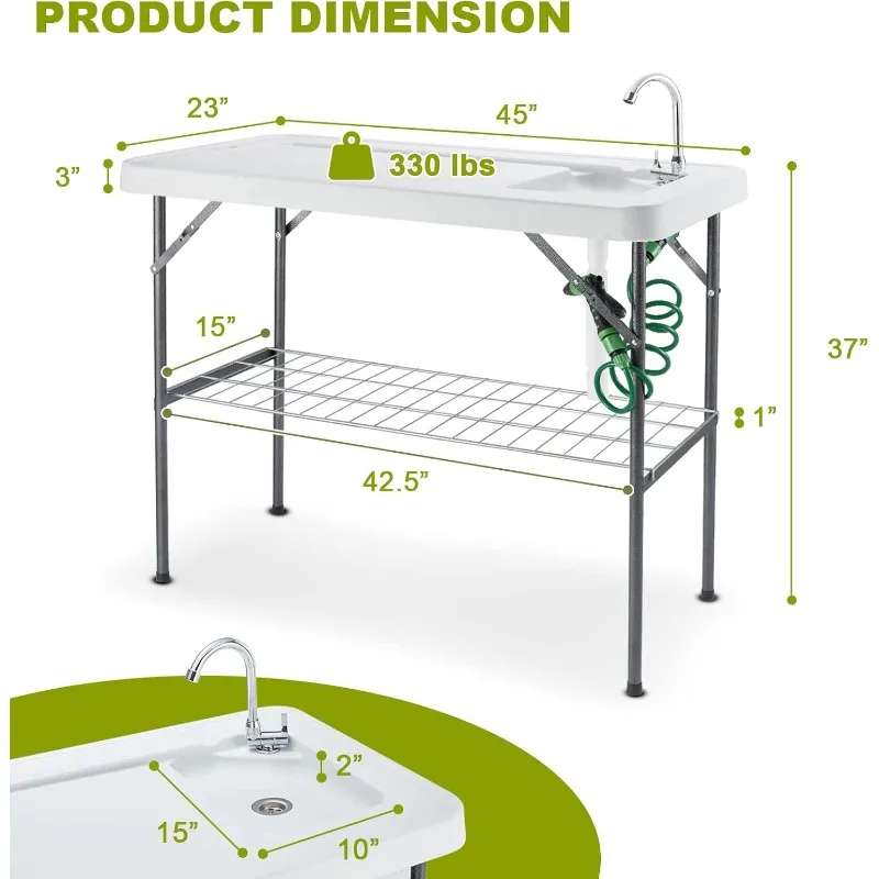 Mesa de limpieza de pescado plegable de 37 "con grifo y fregadero, estación de filete portátil para exteriores con marco de rejilla, cuchillo y jardín estándar