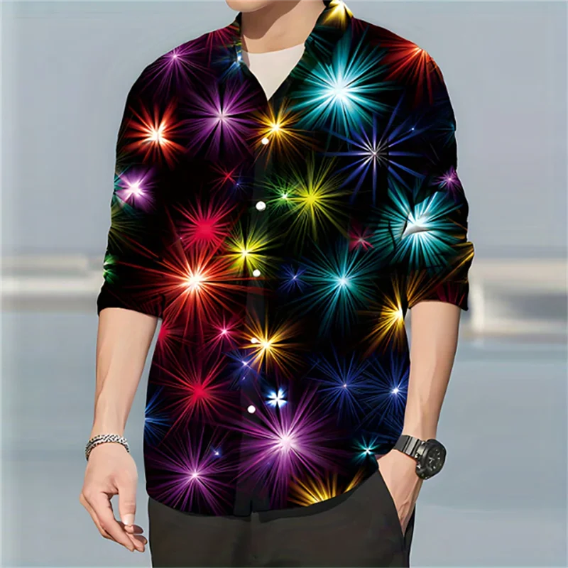 New Christmas Men's Flower 3D Snowflake Print Long Sleeve Shirt Fashion Lapel Men's Top Elegant Flower Top