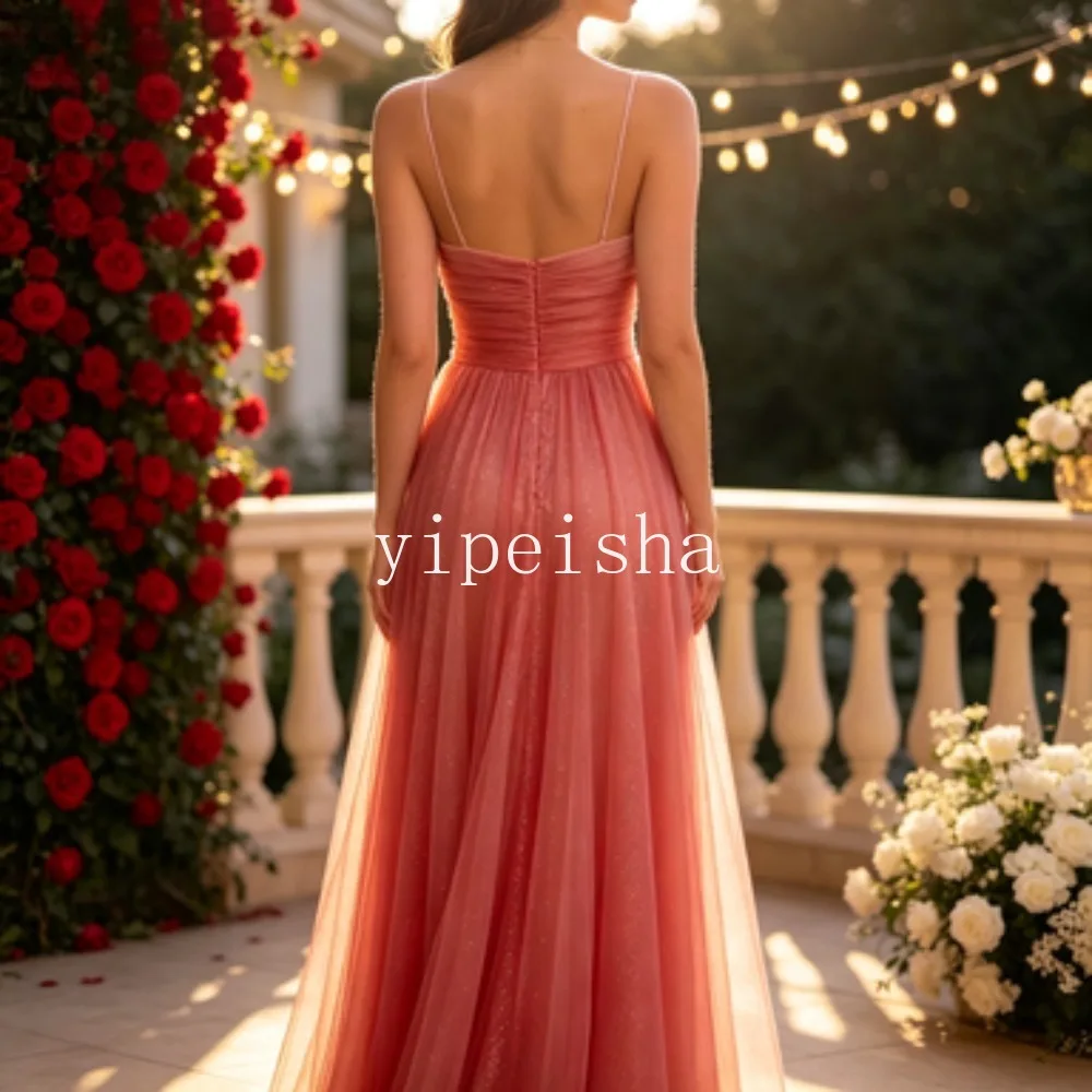 Customized Pink Gradient Spaghetti Straps Evening Dress Pleated Bodice A Line Floor Length Flowy Formal Gown Prom Banquet Party