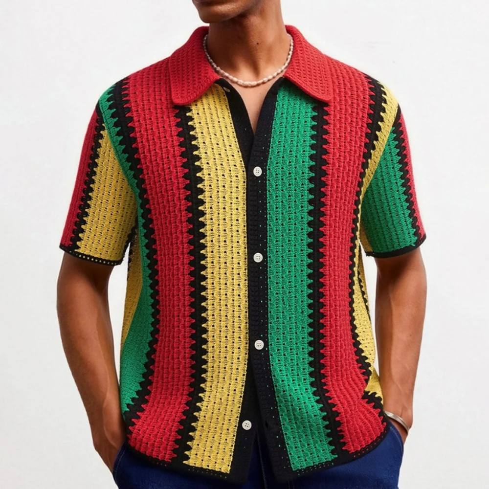 2026 Summer New Men's Color Block Short-Sleeve Shirt American Retro Fashion Trendy Street Casual Loose Fit Niche Men's Top