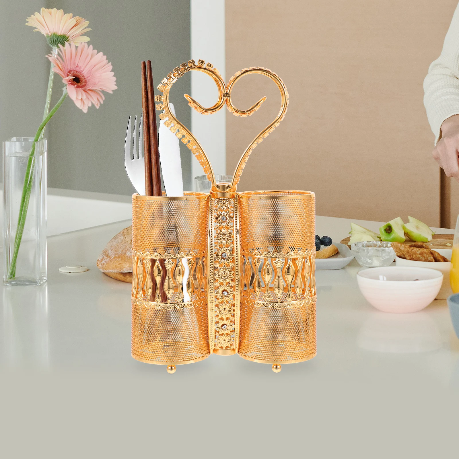 

1pc Cutlery Storage Rack Iron Hollow Design Kitchen Organizer Spoon Bucket Chopstick Holder Utensil Container Dining Area Decor