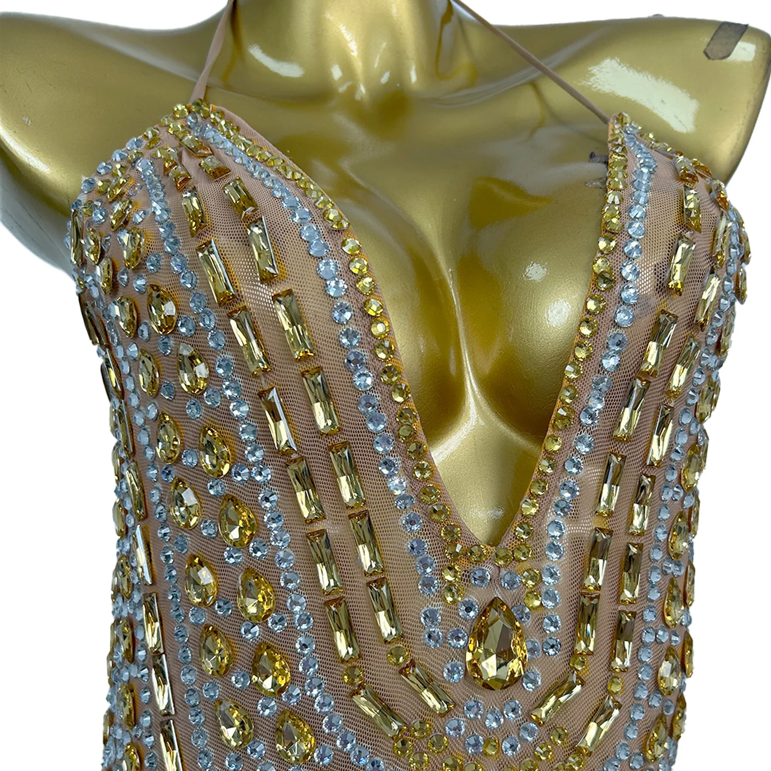 Xiaoxianghua Sexy V-hals Backless Avondjurk Gouden Strass Transparante Mesh Hals Hangin Verjaardag Cocktail Party Jurk