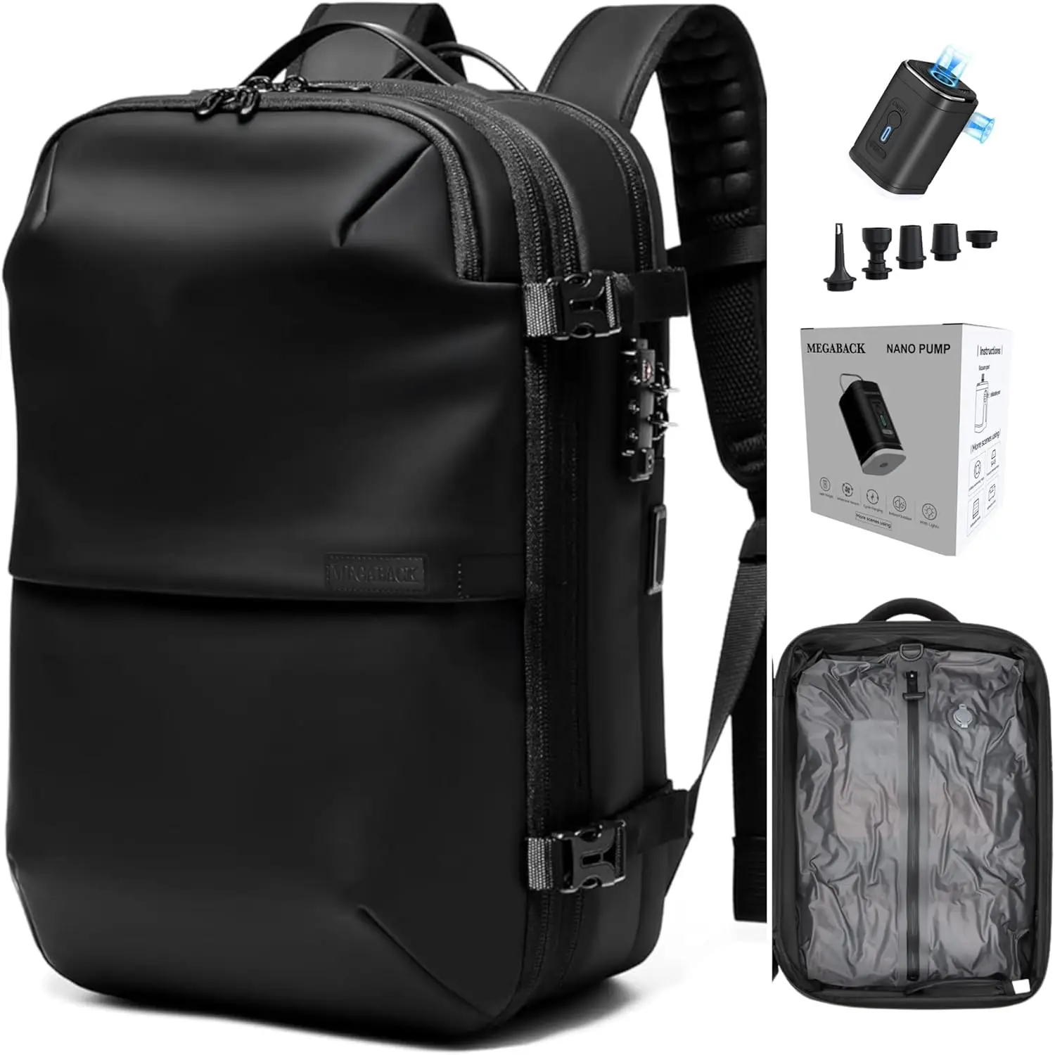 

60L Vacuum Travel Backpack with Pump, TSA Lock & USB, Waterproof, Expandable Carry-On