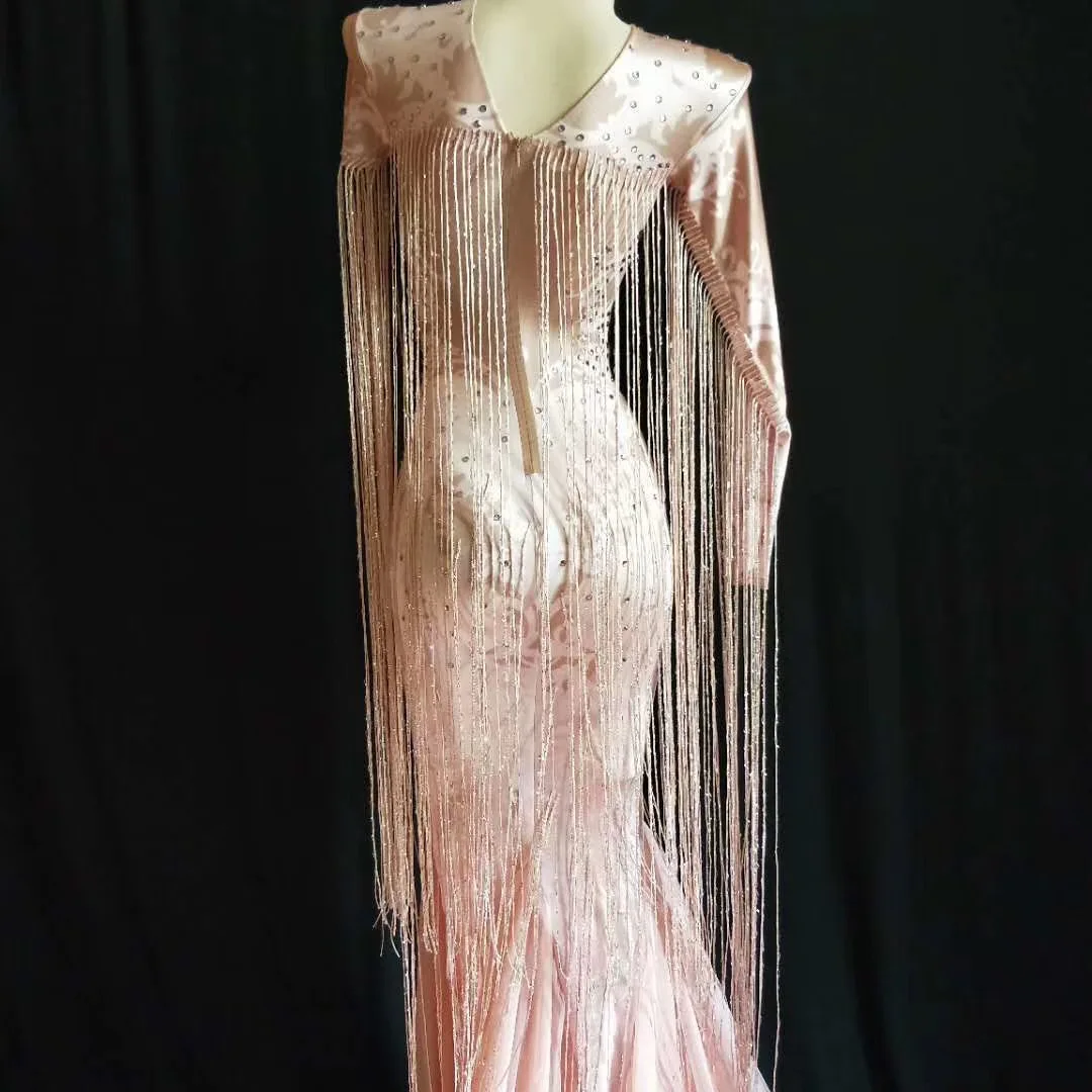 Sparkly Fringes Pink Women Dresses Shining Rhinestones Long Mermaid Tailing Dress DJ Singer Dance Stage Wear One-Piece Costumes