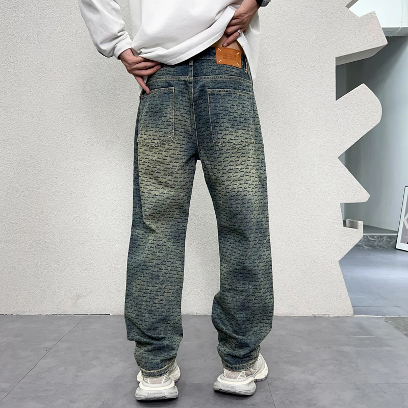 New Men'S Printed Trendy Brand Loose Casual Straight Leg Blue Youthful  Washed Elastic Denim Pants