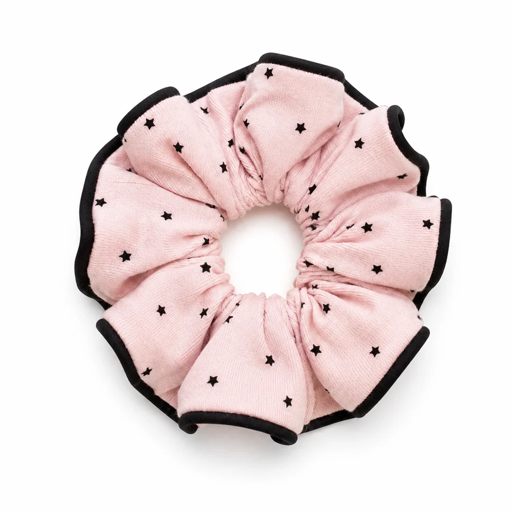 blush-pink-black-star-piped-single-layer-scrunchie-oversized-handmade-soft-knit-look-hair-tie