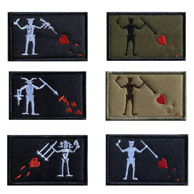 Pirate Edward Tactical Hook&loop Patch Skeleton with Spear Figure Heart Shaped Blooddrop Embroidery Blackbeard Flag Morale Badge