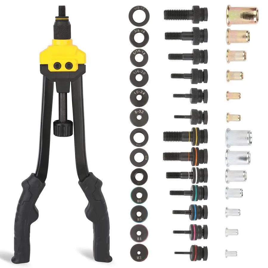 

Инструмент для установки заклепочных гаек, ручной, с 13 метрическими и SAE-штоками, 130 шт. резьбовых заклепочных гаек, с автоматическим отжимом, для установки гаек-заклепок