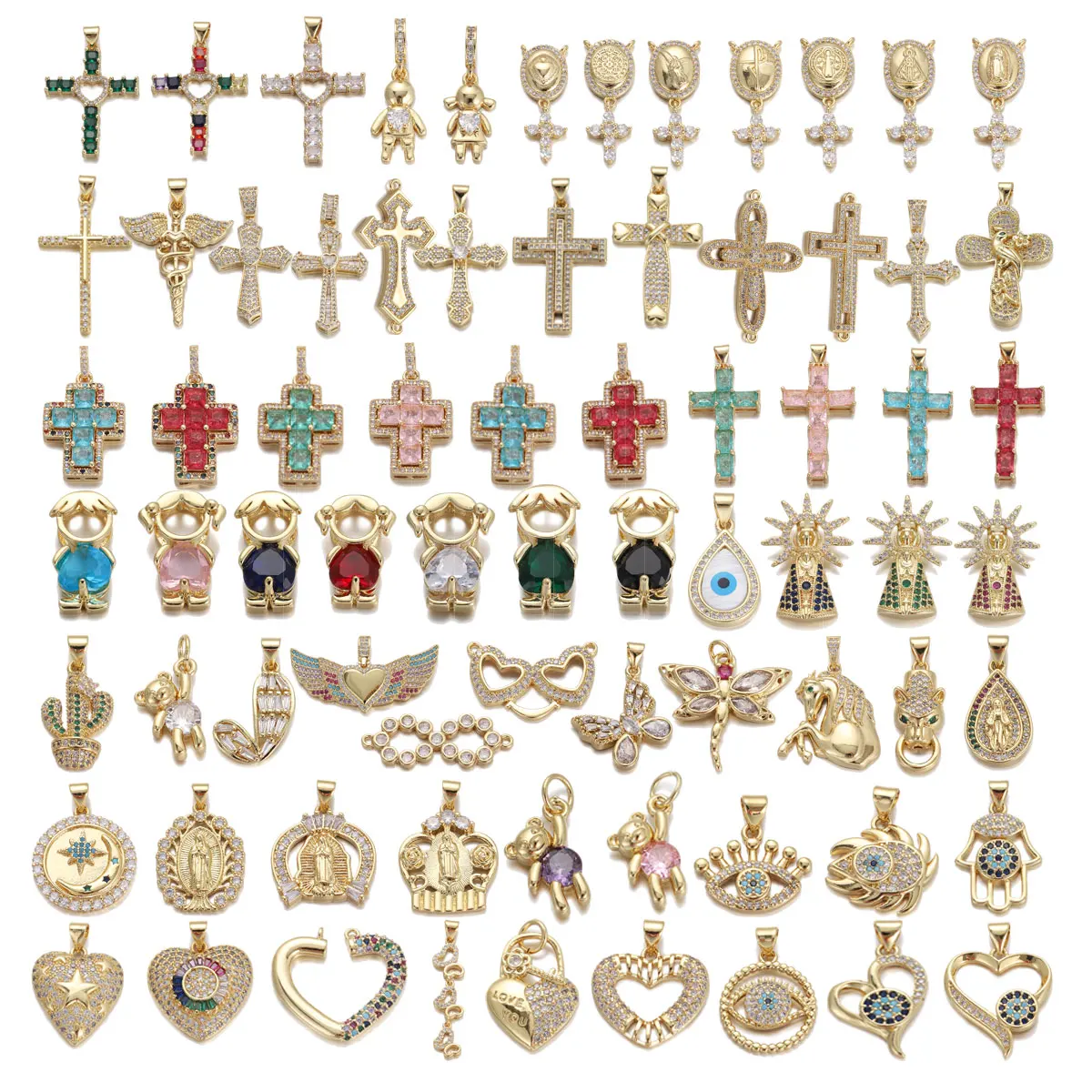 Clássico Cruz Cubic Zirconia Encantos, Cor do Ouro, Coração, Pingentes Colar Olho Mau, Fazer Jóias DIY, Descobertas Dia Dos Namorados