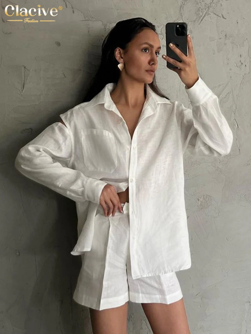 

Clacive Fashion Loose White Cotton 2 Piece Sets Women Outfit 2025 Elegant Long Sleeve Shirt With High Waist Shorts Set Female