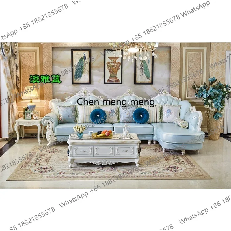 

European Genuine Leather Corner Sectional Sofa Set Small Large Space Solid Wood Carved LivingRoom Luxury Chaise Lounge Furniture