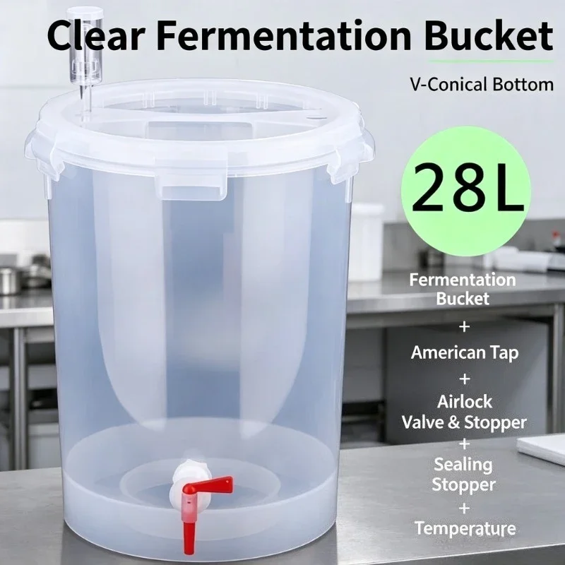 28L Food Grade Transparent Fermentation Bucket V Conical Bottom Home Brew Beer Wine Fruit Wine Brewing Barrel With Tap Airlock