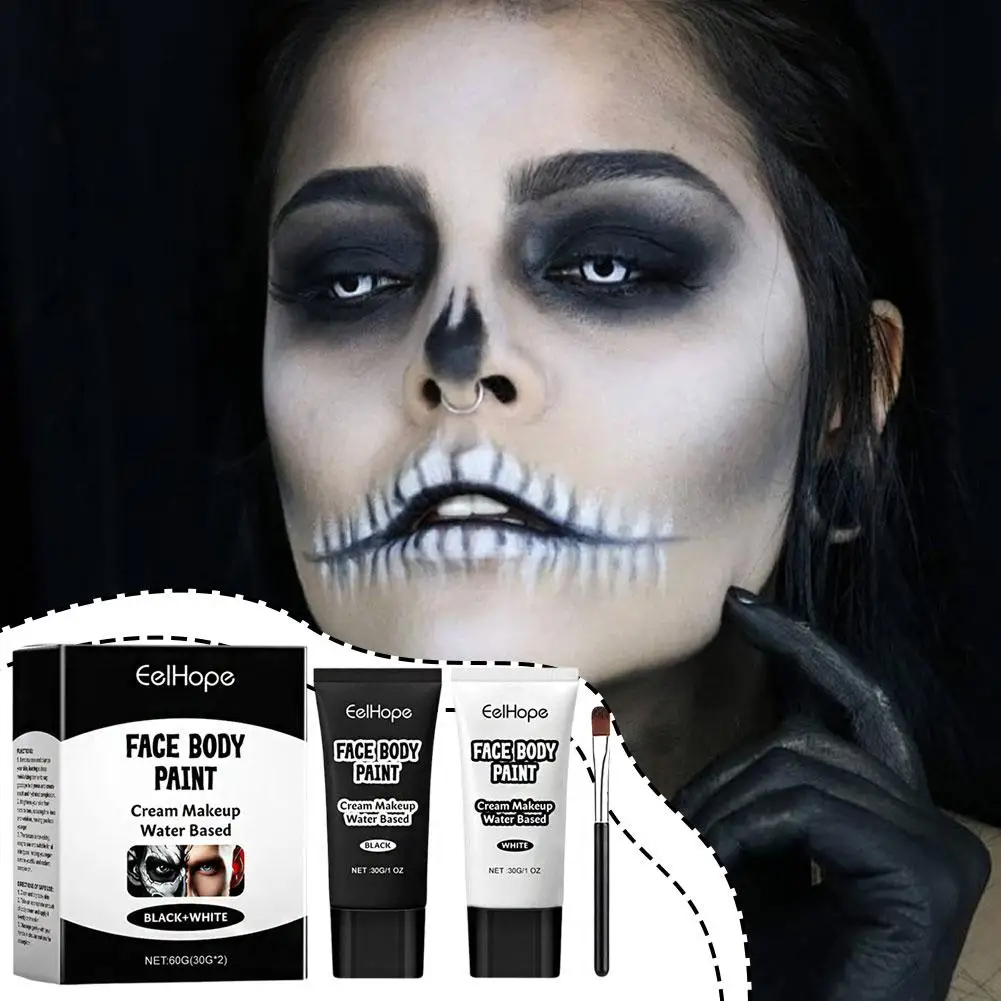 Creme corretivo Halloween, base de maquiagem preto e branco, creme cosplay zumbi, 1 conjunto, P2r3