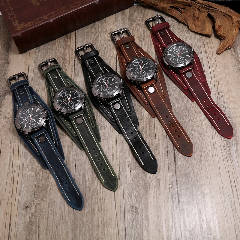 Vintage Men Quartz Watch Big Dial High Quality Cowhide Leather Strap Dress Wristwatch For Mens