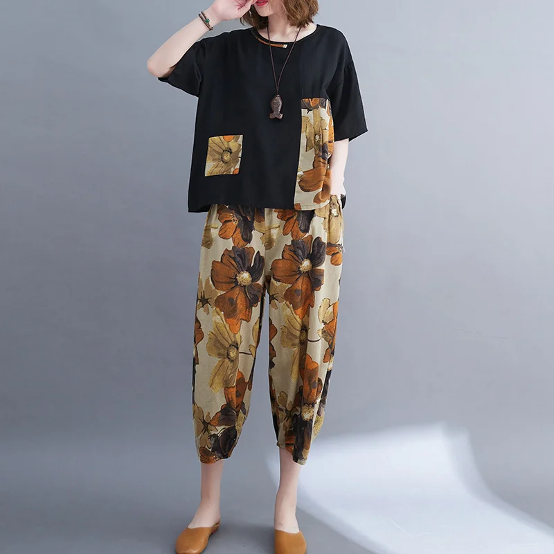 Women Suit Summer Fashion Loose Large Size O-neck Short Sleeve Tops Women Clothes Casual Printing High Waist Trend Cropped Pants