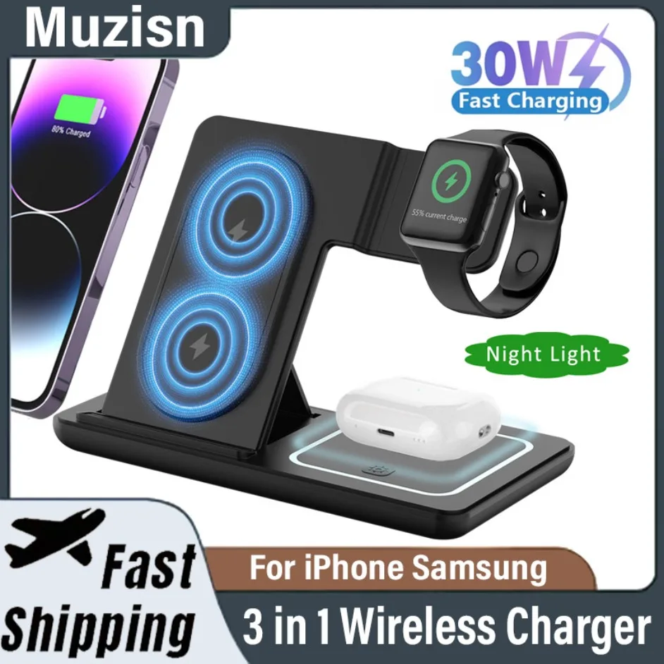 

Беспроводное зарядное устройство 3 в 1, ночная светодиодная подставка, складная для iPhone, Samsung, Apple Watch 2-8 SE Airpods Pro, станция быстрой зарядки