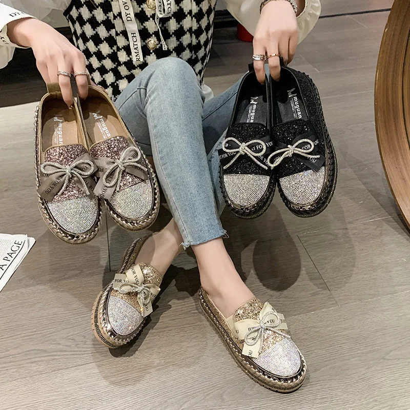 2023 Spring New Shiny Rhinestone Loafers Women\'s One Step Thick Soled Bow Muffin Bottom Cover Foot Single Shoe Sneakers