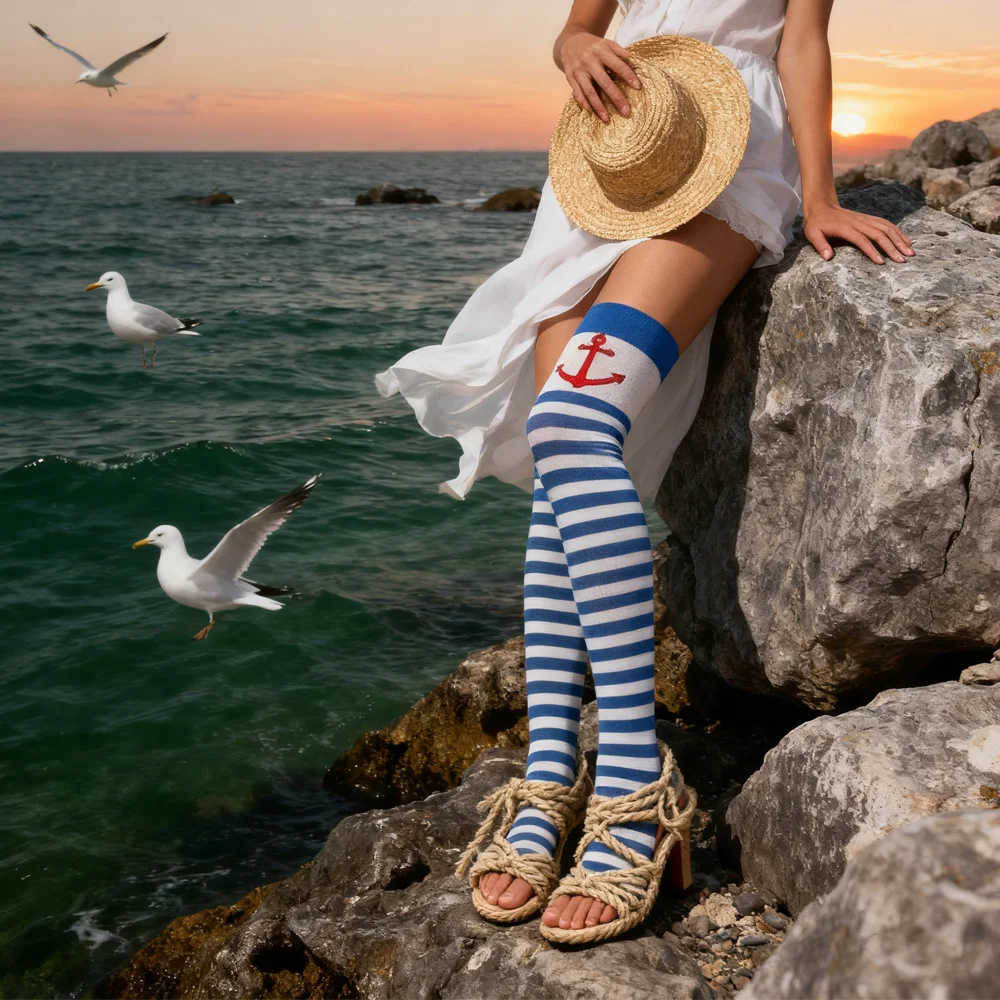 PESENAR Capitão estilo azul e branco listrado âncora sobre o joelho meias para cosplay e acessório de fantasia