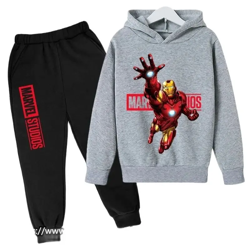 Avengers Iron Man Kids Hoodie Set Marvel Cartoon Boys Girls Autumn and Winter Hooded Toddler Long Sleeve Clothes Sweater 2024