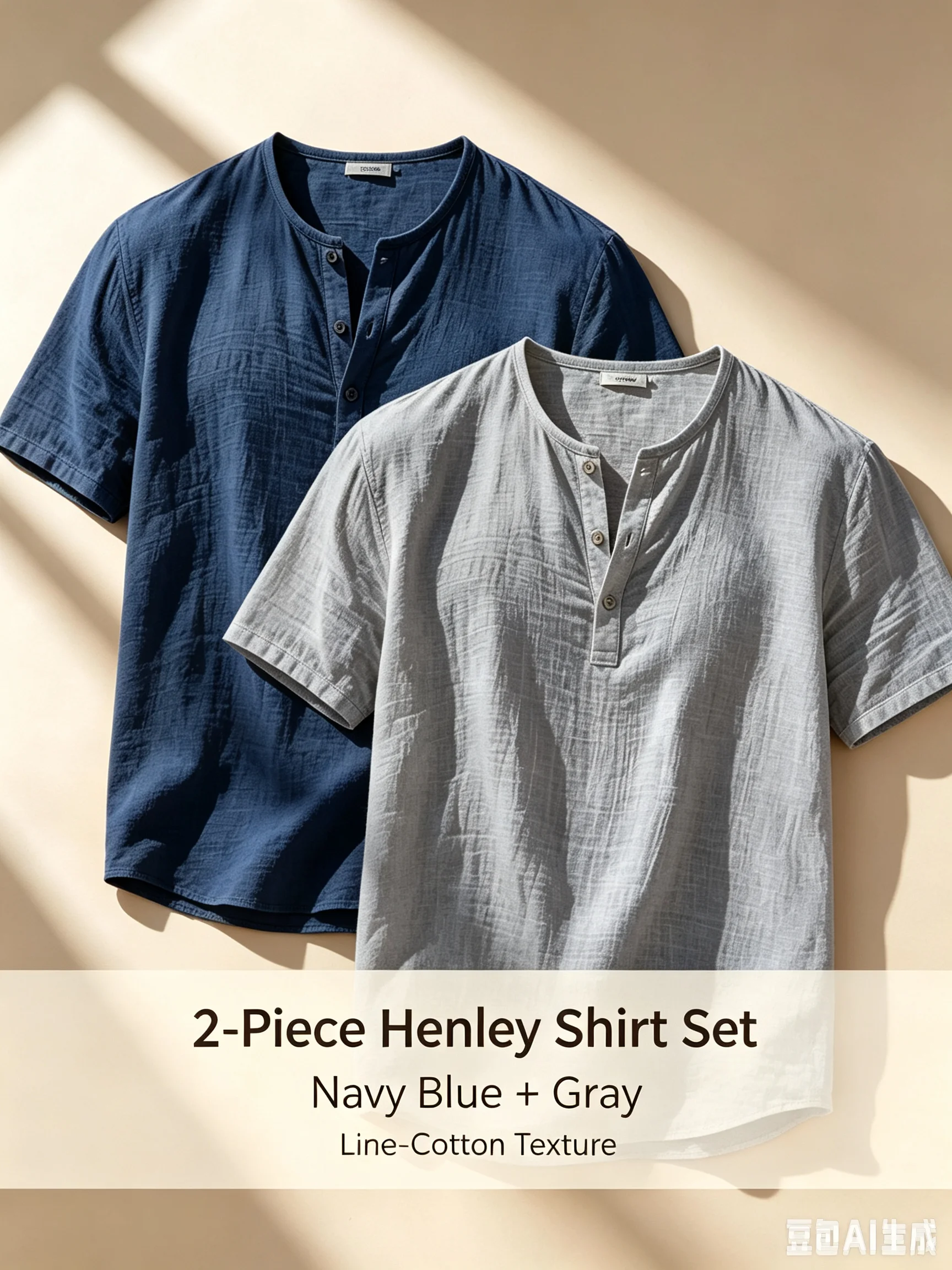 2pcs Men's Cotton Linen Henley Short Sleeve Shirts Pack Breathable Stand Collar Casual Summer Beach Solid Textured Tees