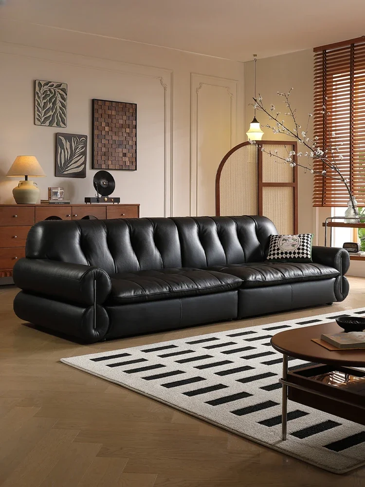 French retro luxury leather sofa clouds medieval black top layer cowhide straight zipper down high-end living room.