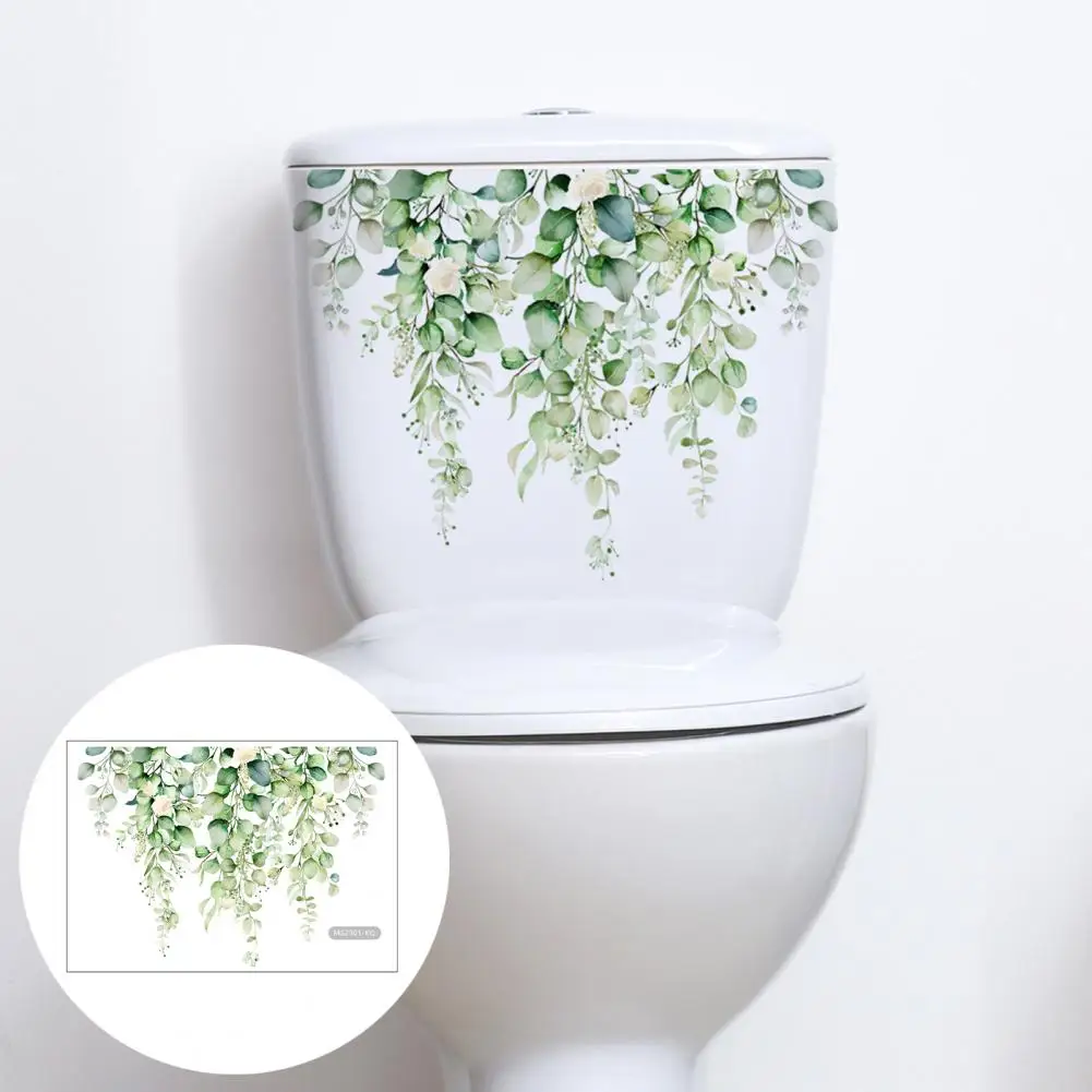 Pegatina de inodoro vibrante fácil de instalar, pegatina de inodoro con estampado de flores de plantas verdes vibrantes, autoadhesiva para Baño