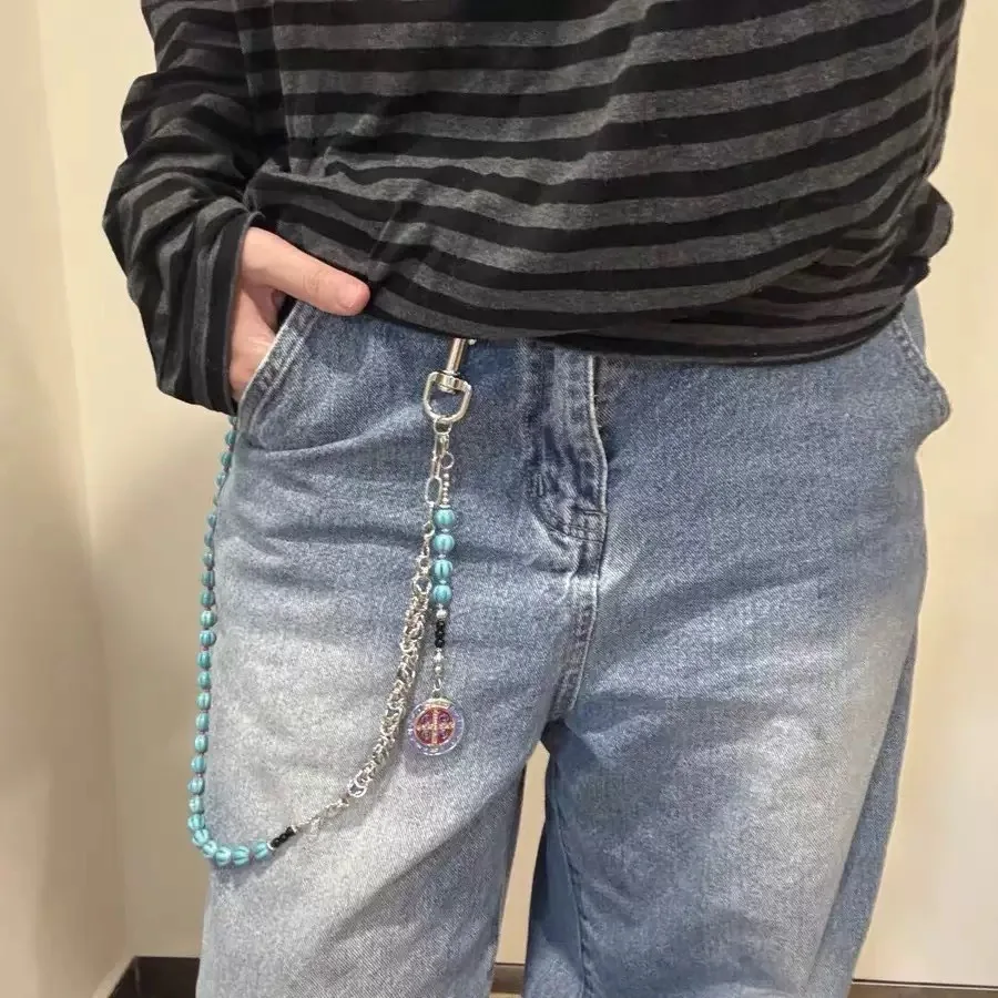 

New Blue Turquoise Pants Chain Handmade Unique Splicing Design Fashionable and Trendy Jeans Accessories