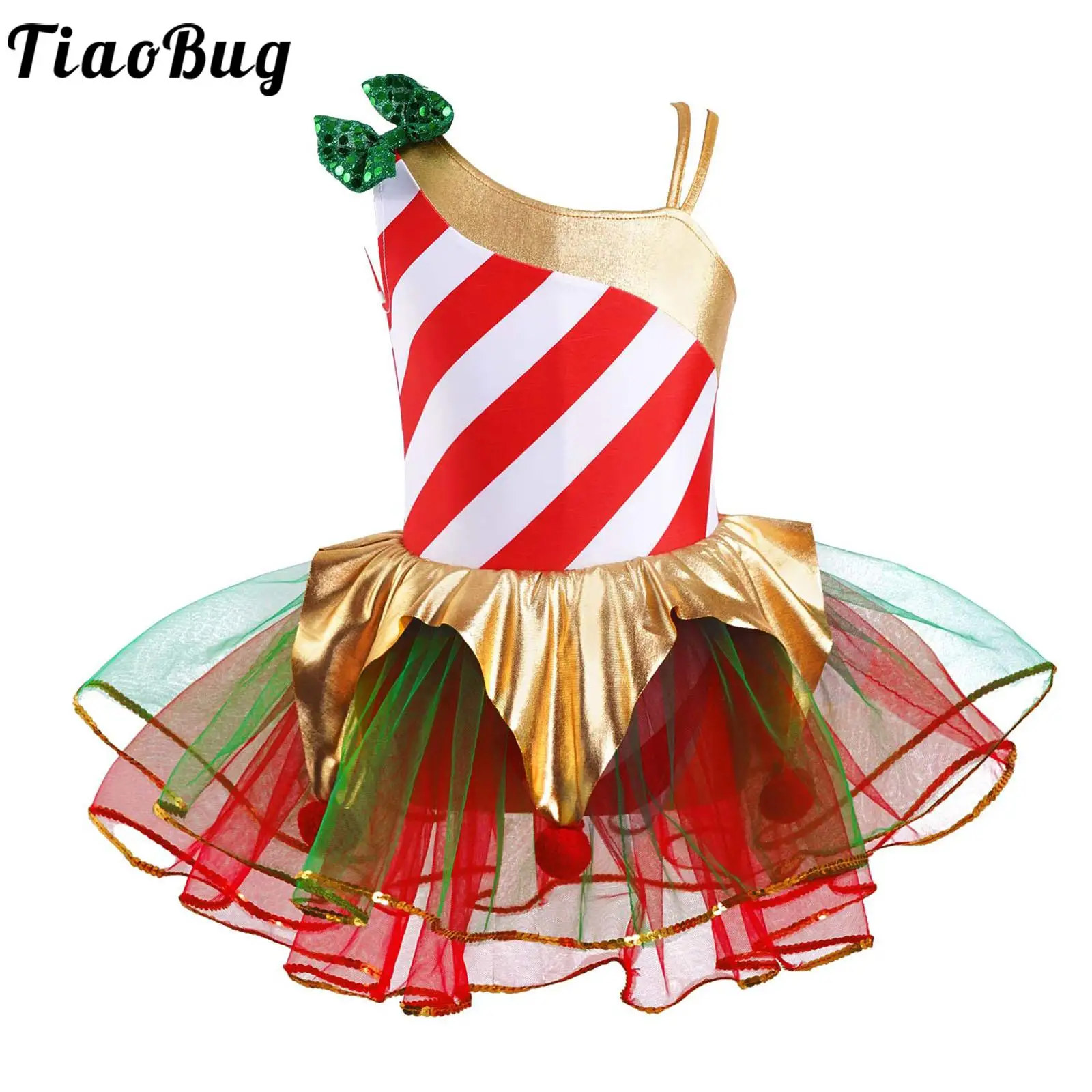 

Kids Girls Elf Christmas Dress Xmas Carnival Festival Santa Cosplay Costume Stripes Mesh Ballet Leotard Tutu Dress Dancewear