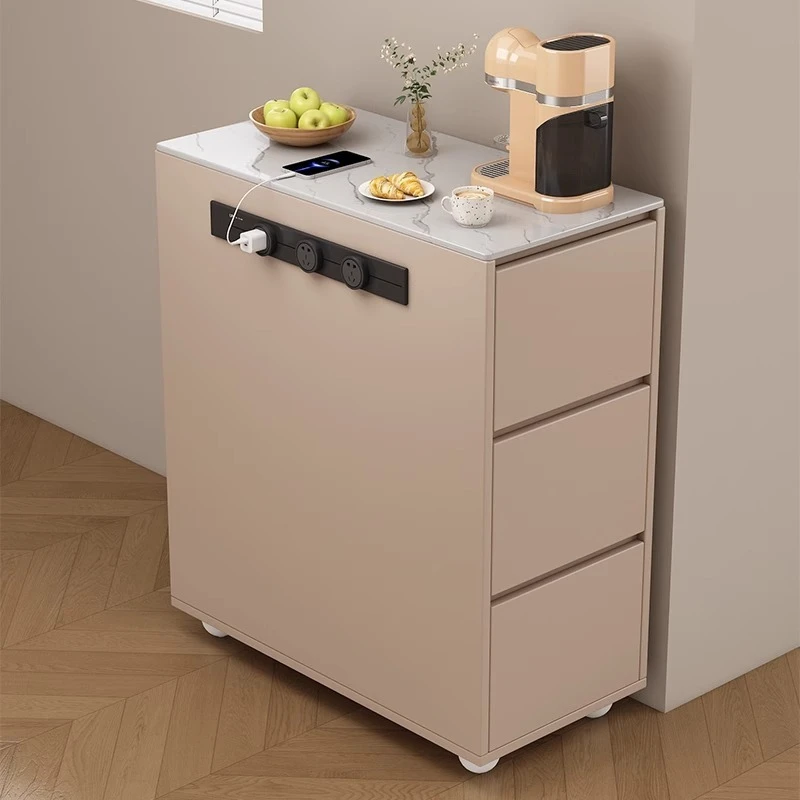 

Rock slab island cabinet dining table integrated movable very narrow solid wood storage against the wall