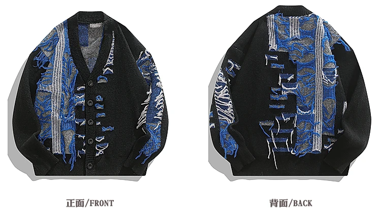 New American High Street Black Color Block Cardigan Sweater for Men Cool and Handsome Coffee Color Tassel Design Knitted Sweater