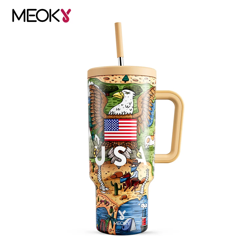 

Meoky 40oz Cup Stay Cold Coffee Cup Summer Thermal Tumbler Handle Straw Stainless Steel Portable Thermo Bottle Vacuum Flasks Cup