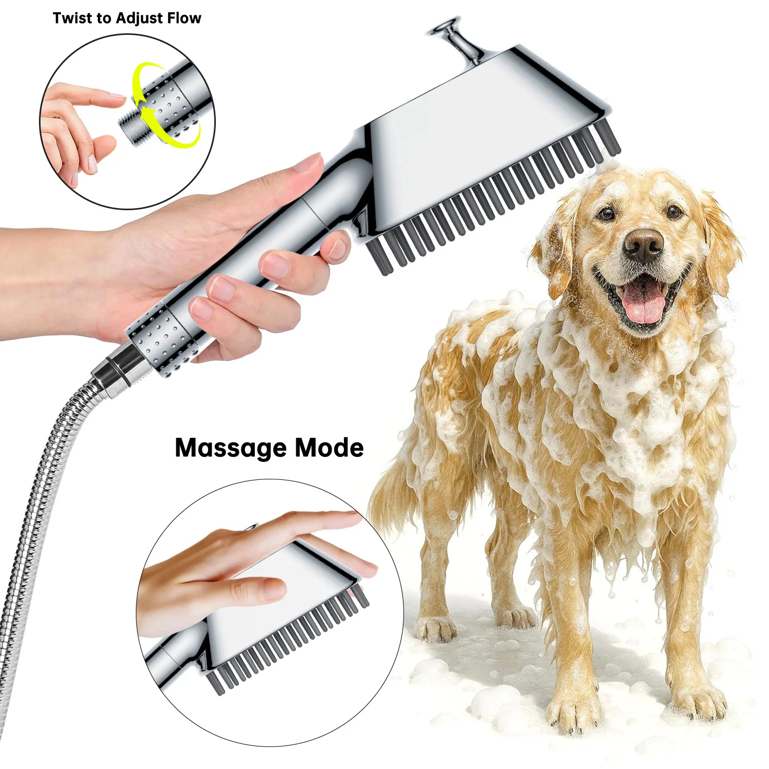 

Многофункциональная насадка для душа для животных с массажем и пузырьковой струей, встроенной щеткой для груминга, высоконапорный распылитель для купания собак и кошек