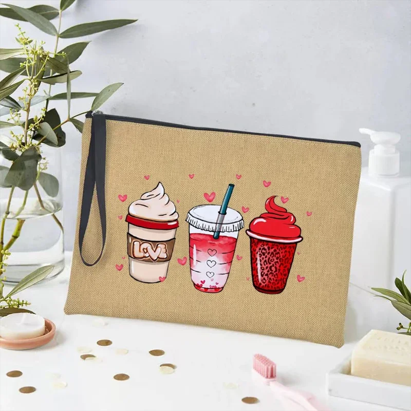 Coffee Pattern Travel Cosmetic Bag Portable Makeup Storage Pouch Luxury Brand Pattern Summer Beach Cosmetic Pockets Gift for Her