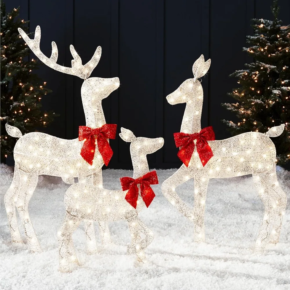 

4-foot 3-piece Set of 2D Luminous Christmas Deer, Outdoor Reindeer Decoration, 175 LED Lights, Wooden Stakes, Zippers - White